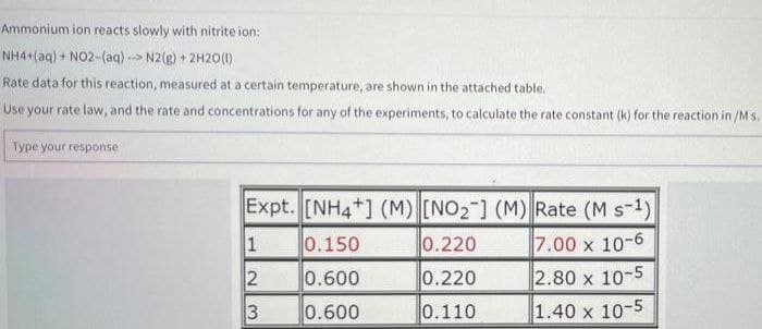 Ammonium ion reacts slowly with nitrite ion:
NH4+ (aq) + NO2-(aq)-> N2(g) + 2H20 (1)
Rate data for this reaction, measured at a certain temperature, are shown in the attached table.
Use your rate law, and the rate and concentrations for any of the experiments, to calculate the rate constant (k) for the reaction in /Ms.
Type your response:
Expt. [NH4+] (M) [NO₂] (M) Rate (M s-1)
1
0.150
0.220
7.00 x 10-6
2
0.600
0.220
2.80 x 10-5
3
0.600
0.110
1.40 x 10-5