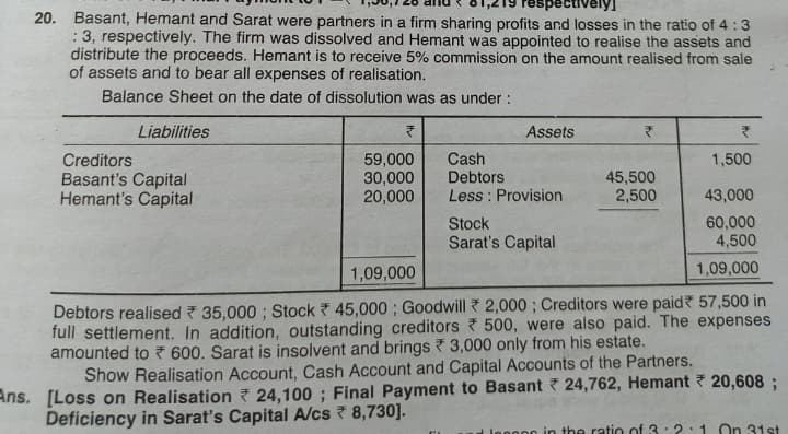 20. Basant, Hemant and Sarat were partners in a firm sharing profits and losses in the ratio of 4:3
: 3, respectively. The firm was dissolved and Hemant was appointed to realise the assets and
distribute the proceeds. Hemant is to receive 5% commission on the amount realised from sale
of assets and to bear all expenses of realisation.
Balance Sheet on the date of dissolution was as under :
Liabilities
Assets
Creditors
Basant's Capital
Hemant's Capital
59,000
30,000
20,000
Cash
Debtors
Less : Provision
1,500
45,500
2,500
43,000
60,000
4,500
Stock
Sarat's Capital
1,09,000
1,09,000
Debtors realised 35,000 ; Stock 45,000 ; Goodwill 2,000 ; Creditors were paid? 57,500 in
full settlement. In addition, outstanding creditors 500, were also paid. The expenses
amounted to 7 600. Sarat is insolvent and brings 3,000 only from his estate.
Show Realisation Account, Cash Account and Capital Accounts of the Partners.
Ans. [Loss on Realisation 24,100 ; Final Payment to Basant 24,762, Hemant 7 20,608 ;
Deficiency in Sarat's Capital A/cs 8,730].
Jonnor in the ratio of 3:2:1 On 31st
