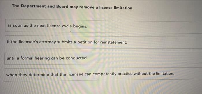 The Department and Board may remove a license limitation
as soon as the next license cycle begins.
if the licensee's attorney submits a petition for reinstatement.
until a formal hearing can be conducted.
when they determine that the licensee can competently practice without the limitation.
