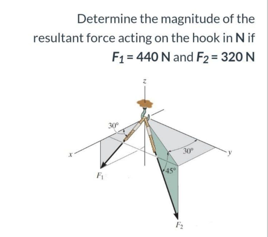 Determine the magnitude of the
resultant force acting on the hook in N if
F1 = 440 N and F2 = 320 N
30°
30°
45°
F1
F2
