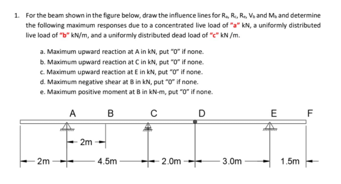 1. For the beam shown in the figure below, draw the influence lines for Ra, Re, Re, Vb and M, and determine
the following maximum responses due to a concentrated live load of "a" kN, a uniformly distributed
live load of "b" kN/m, and a uniformly distributed dead load of "c" kN /m.
a. Maximum upward reaction at A in kN, put "0" if none.
b. Maximum upward reaction at C in kN, put "O" if none.
c. Maximum upward reaction at E in kN, put "O" if none.
d. Maximum negative shear at B in kN, put "O" if none.
e. Maximum positive moment at B in kN-m, put "0" if none.
A
D
E
F
2m
2m
4.5m
2.0m
3.0m
1.5m
