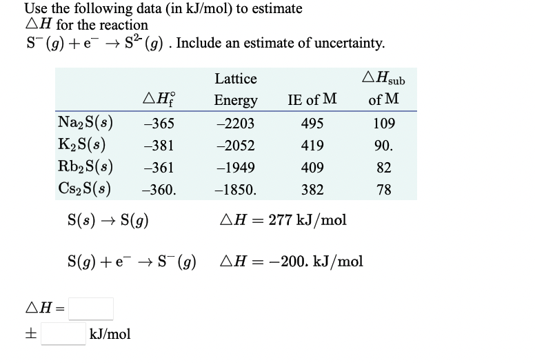 Use the following data (in kJ/mol) to estimate
AH for the reaction
S (9) + e → S² (g) . Include an estimate of uncertainty.
Lattice
ΔΗub
ΔΗ
Energy
IE of M
of M
NazS(s)
K2S(s)
Rb, S(s)
Cs2 S(s)
-365
-2203
495
109
-381
-2052
419
90.
-361
-1949
409
82
-360.
-1850.
382
78
S(8) → S(g)
AH = 277 kJ/mol
S(g) + e → S (g)
AH = -200. kJ/mol
ΔΗ=
kJ/mol
