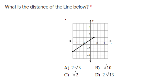 What is the distance of the Line below? *
A) 2V3
C) v2
B) V10
D) 2V13

