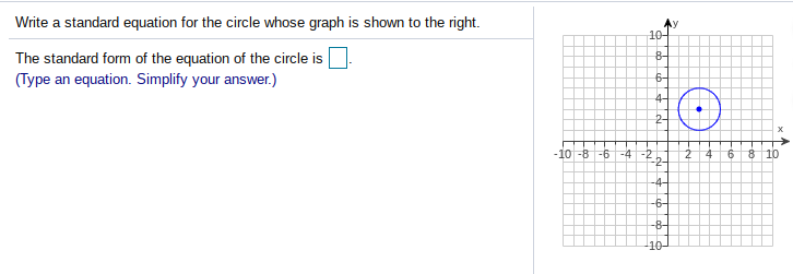 Write a standard equation for the circle whose graph is shown to the right.
10-
The standard form of the equation of the circle is
(Type an equation. Simplify your answer.)
8-
6-
4-
-10 -8 -6
9.
8 10
-4-
-6-
-8-
10-
