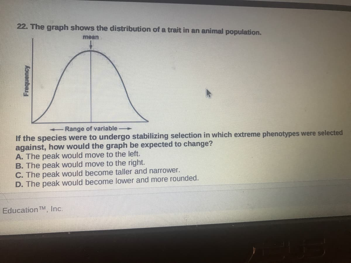 22. The graph shows the distribution of a trait in an animal population.
mean
Range of variable
If the species were to undergo stabilizing selection in which extreme phenotypes were selected
against, how would the graph be expected to change?
A. The peak would move to the left.
B. The peak would move to the right.
C. The peak would become taller and narrower.
D. The peak would become lower and more rounded.
EducationTM Inc.
Aouenber
