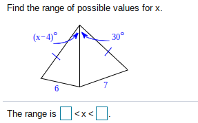 Find the range of possible values for x.
(x-4)°
30°
7
6
The range is
|<x</
