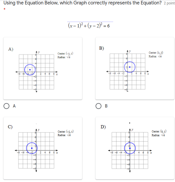 Using the Equation Below, which Graph correctly represents the Equation? 2 point
(x– 1)² + (y – 2)² = 6
A)
B)
Center. (-3, 1)
Radiu: Ve
Center: (1,2)
Radiu: V6
O A
O B
D)
Center: (-2, 1)
Radius: V6
Center: (a_ 1)
Radiu: Ve
AH
