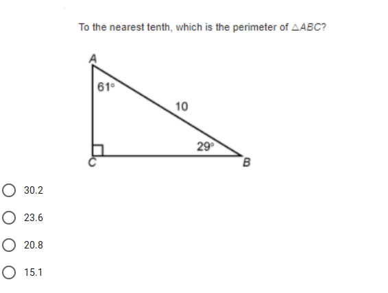 To the nearest tenth, which is the perimeter of AABC?
61°
10
29
О 3.2
О 23.6
O 20.8
О 15.1
