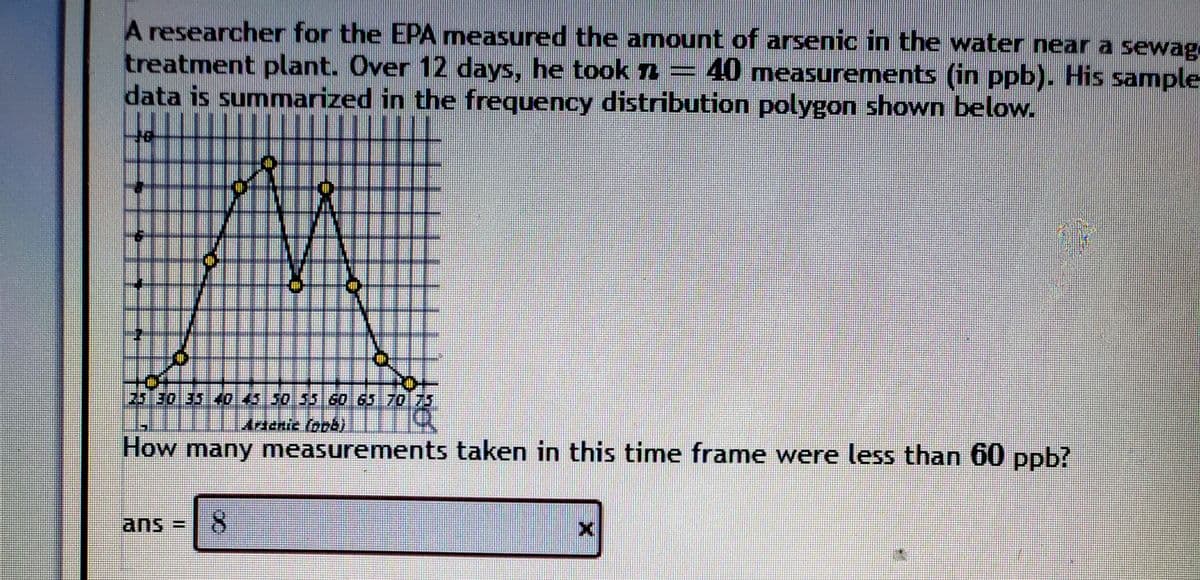 A researcher for the EPA measured the amount of arsenic in the water near a sewage
treatment plant. Over 12 days, he took n = 40 measurements (in ppb). His sample
data is summarized in the frequency distribution polygon shown below.
enic forb)
How many measurements taken in this time frame were less than 60 ppb?
ans D
8.
