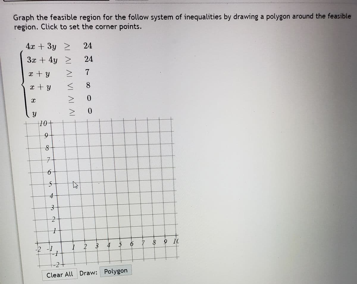 Graph the feasible region for the follow system of inequalities by drawing a polygon around the feasible
region. Click to set the corner points.
4x + 3y
24
3x + 4y 2
24
x +y
7
x +y
8.
|10+
4
4 5 67 8
8 9 10
-2 -1
-2
Clear All Draw: Polygon
AL AL AL VI ALAI
