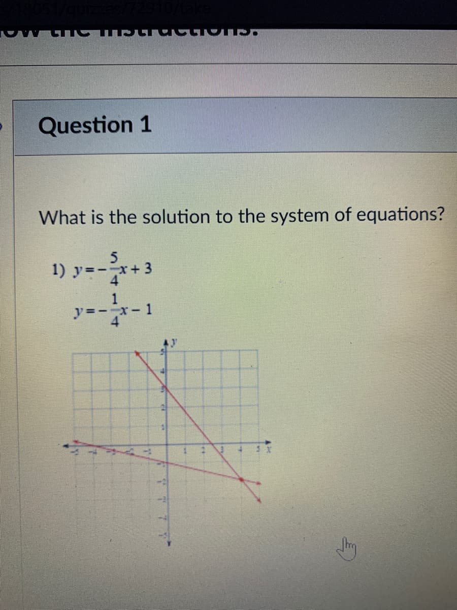 Question 1
What is the solution to the system of equations?
1) y=-+ 3
y=-x-1
