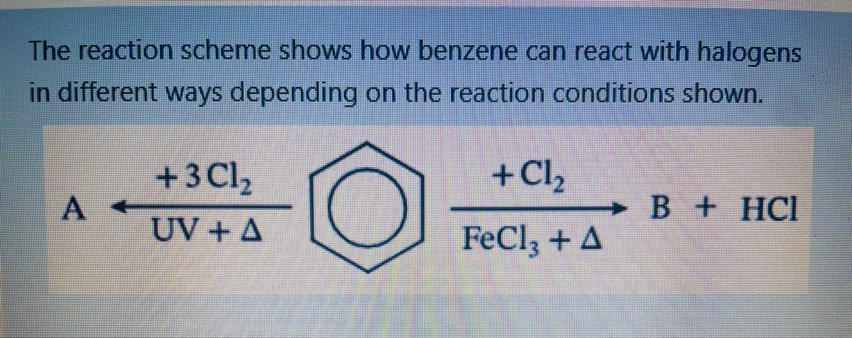 The reaction scheme shows how benzene can react with halogens
in different ways depending on the reaction conditions shown.
A
+ 3Cl₂
UV + A
+ Cl₂
FeCl3 + A
B + HCl