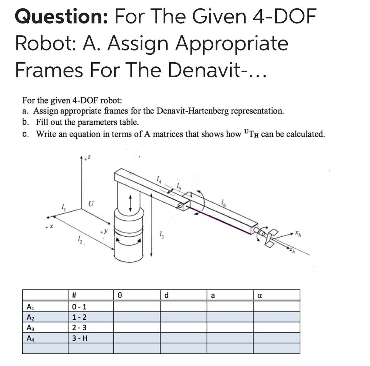 Question: For The Given 4-DOF
Robot: A. Assign Appropriate
Frames For The Denavit-...
For the given 4-DOF robot:
a. Assign appropriate frames for the Denavit-Hartenberg representation.
b. Fill out the parameters table.
c. Write an equation in terms of A matrices that shows how UTH can be calculated.
U
#
d.
a
a
A1
0-1
A2
1-2
Аз
2 -3
A4
3- H
