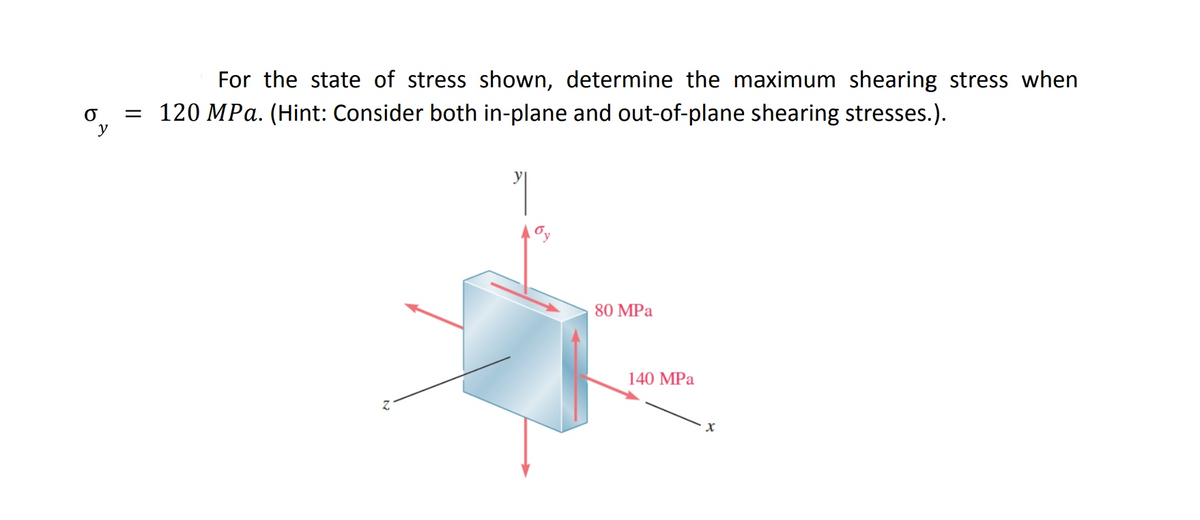 6²
y
For the state of stress shown, determine the maximum shearing stress when
= 120 MPa. (Hint: Consider both in-plane and out-of-plane shearing stresses.).
"
80 MPa
140 MPa
X