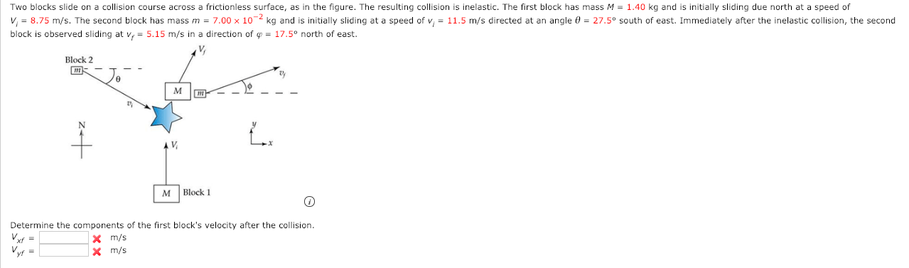 Two blocks slide on a collision course across a frictionless surface, as in the figure. The resulting collision is inelastic. The first block has mass M = 1.40 kg and is initially sliding due north at a speed of
V, = 8.75 m/s. The second block has mass m = 7.00 x 10-2 kg and is initially sliding at a speed of v, = 11.5 m/s directed at an angle 0 = 27.5° south of east. Immediately after the inelastic collision, the second
block is observed sliding at v, = 5.15 m/s in a direction of o = 17.5° north of east.
V,
Block 2
V,
Block 1
Determine the components of the first block's velocity after the collision.
Vyf =
X m/s
Vyf =
X m/s
