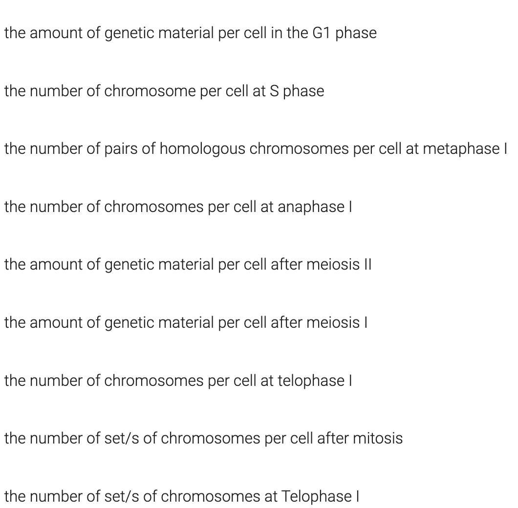the amount of genetic material per cell in the G1 phase
the number of chromosome per cell at S phase
the number of pairs of homologous chromosomes per cell at metaphase I
the number of chromosomes per cell at anaphase I
the amount of genetic material per cell after meiosis |I
the amount of genetic material per cell after meiosis I
the number of chromosomes per cell at telophase
the number of set/s of chromosomes per cell after mitosis
the number of set/s of chromosomes at Telophase I
