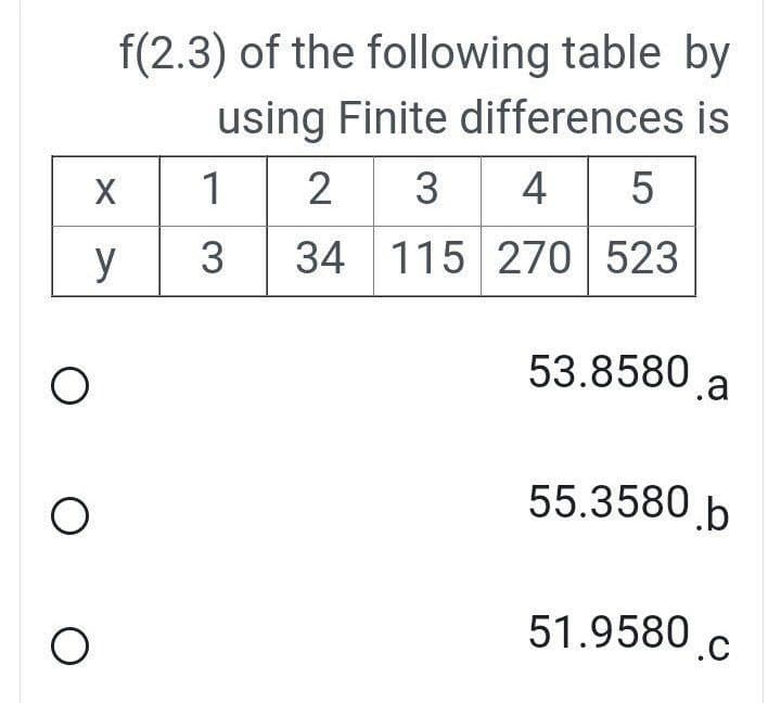 f(2.3) of the following table by
using Finite differences is
1
4 5
y
3
34 115 270 523
53.8580,
a
55.3580 b
51.9580.c
