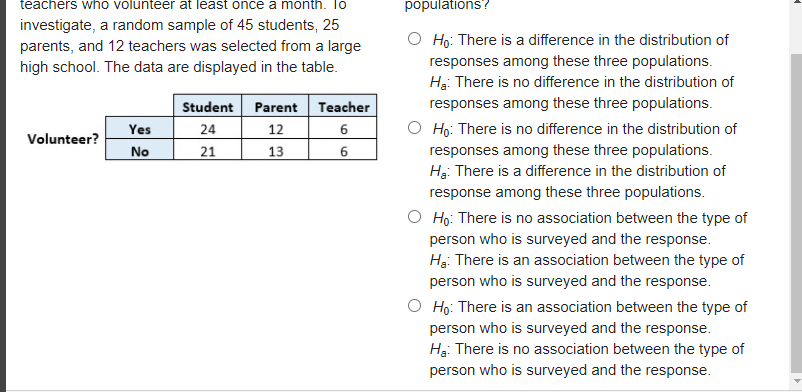 teachers who volunteer at least once a month. T0
populations?
investigate, a random sample of 45 students, 25
parents, and 12 teachers was selected from a large
high school. The data are displayed in the table.
Ho: There is a difference in the distribution of
responses among these three populations.
Hg: There is no difference in the distribution of
Student Parent Teacher
responses among these three populations.
O Họ: There is no difference in the distribution of
Yes
24
12
6
Volunteer?
responses among these three populations.
Hạ: There is a difference in the distribution of
No
21
13
6
response among these three populations.
O Họ: There is no association between the type of
person who is surveyed and the response.
Hạ: There is an association between the type of
person who is surveyed and the response.
Ho: There is an association between the type of
person who is surveyed and the response.
Hg: There is no association between the type of
person who is surveyed and the response.
