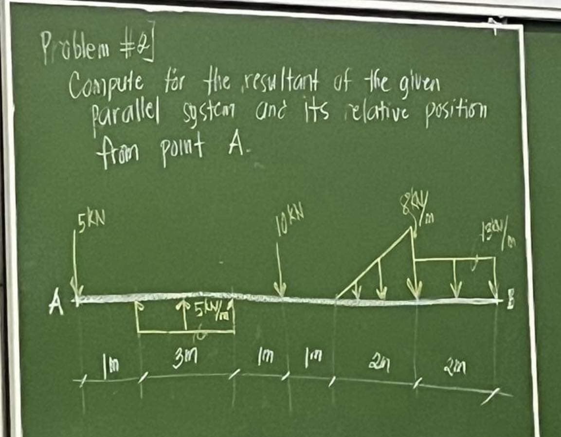 Problem #4
Compute for the resultant of the given
Parallel system and its relative position
from point A.
A
,5kN
15/
3m
10KN
Im Im 24
8k4
1381/
D