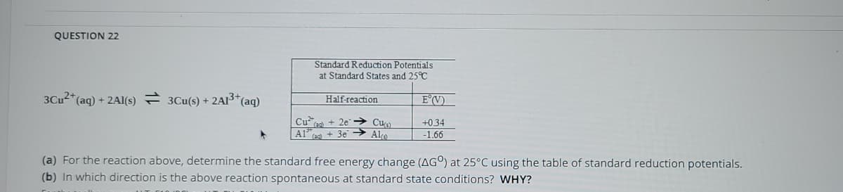 QUESTION 22
Standard Reduction Potentials
at Standard States and 25°C
3Cu2*(aq) + 2AI(s) 3Cu(s) + 2A13*(aq)
Half-reaction
E°V)
Cu2) + 2e → Cuo
Al ag + 3e - Alce
+034
-1.66
(a) For the reaction above, determine the standard free energy change (AGO) at 25°C using the table of standard reduction potentials.
(b) In which direction is the above reaction spontaneous at standard state conditions? WHY?
