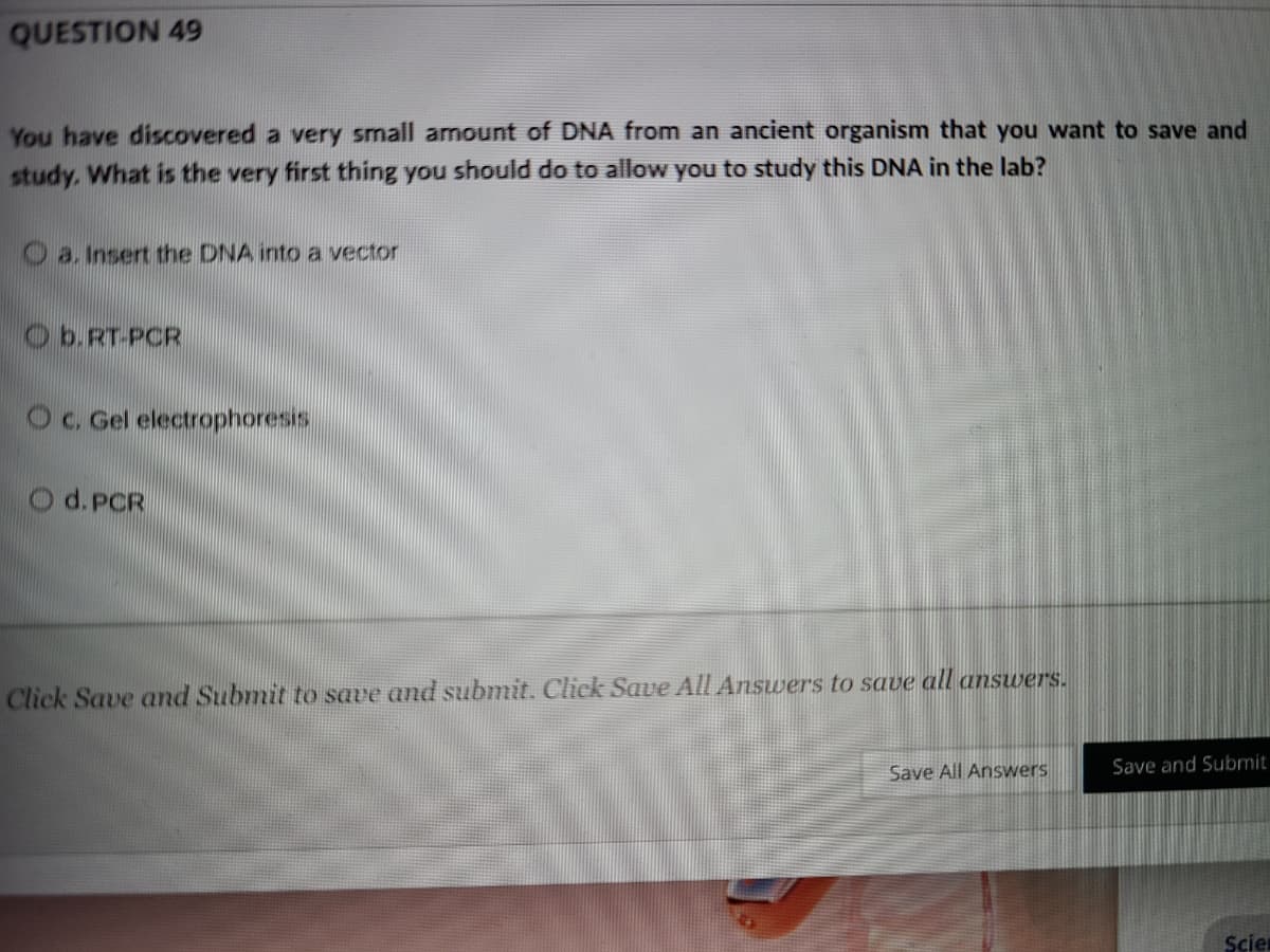 QUESTION 49
You have discovered a very small amount of DNA from an ancient organism that you want to save and
study. What is the very first thing you should do to allow you to study this DNA in the lab?
O a. Insert the DNA into a vector
Ob.RT-PCR
Oc. Gel electrophoresis.
O d.PCR
Click Save and Submit to save and submit. Click Save All Answers to save all answers.
Save All Answers
Save and Submit
Scie
