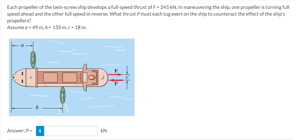 Each propeller of the twin-screw ship develops a full-speed thrust of F = 245 kN. In maneuvering the ship, one propeller is turning full
speed ahead and the other full speed in reverse. What thrust P must each tug exert on the ship to counteract the effect of the ship's
propellers?
Assume a = 49 m, b = 133 m, c = 18 m.
Answer: P = i
D÷
KN