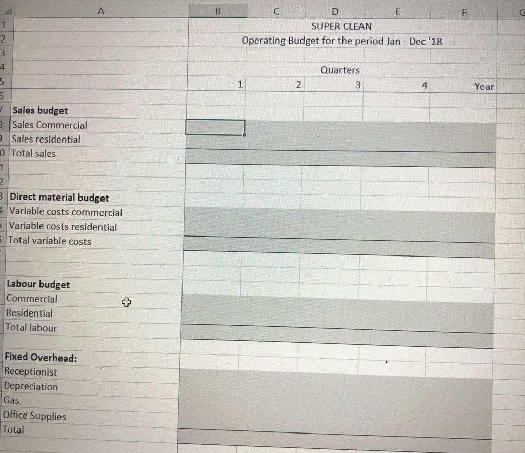 D.
A
SUPER CLEAN
1
Operating Budget for the period Jan - Dec '18
3
4
Quarters
4
Year
- Sales budget
B Sales Commercial
eSales residential
O Total sales
B Direct material budget
Variable costs commercial
Variable costs residential
Total variable costs
Labour budget
Commercial
Residential
Total labour
Fixed Overhead:
Receptionist
Depreciation
Gas
Office Supplies
Total
