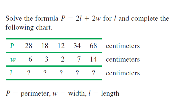 Solve the formula P = 21 + 2w for l and complete the
following chart.
P
28
18
12
34
68
centimeters
6
3
2
7
14
centimeters
? ? ?
? ?
centimeters
P
perimeter, w = width, I = length
