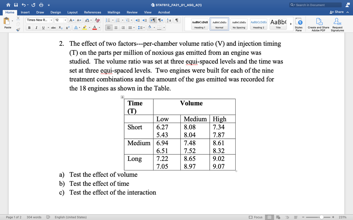 STAT612_FA21_01_ASG_4(1)
Q- Search in Document
Home
Insert
Draw
Design
Layout
References
Mailings
Review
View
Acrobat
+ Share a
Times New R.
12
A- A-
AaBbCcDdEe AABB(
AaBbCeDdE
AaBbCeDdE
Paste
I
U - obe X
A
No Spacing
Styles
Pane
Create and Share Request
Adobe PDF
Heading 1
Normal
Неadina 2
Title
Signatures
2. The effect of two factors---per-chamber volume ratio (V) and injection timing
(T) on the parts per million of noxious gas emitted from an engine was
studied. The volume ratio was set at three equi-spaced levels and the time was
set at three equi-spaced levels. Two engines were built for each of the nine
treatment combinations and the amount of the gas emitted was recorded for
the 18 engines as shown in the Table.
Time
Volume
(T)
Low
Medium High
7.34
7.87
Short
6.27
8.08
5.43
8.04
Medium 6.94
7.48
8.61
6.51
7.52
8.32
Long
7.22
8.65
9.02
7.05
8.97
9.07
a) Test the effect of volume
b) Test the effect of time
c) Test the effect of the interaction
Page 1 of 2
304 words
English (United States)
O Focus
231%
