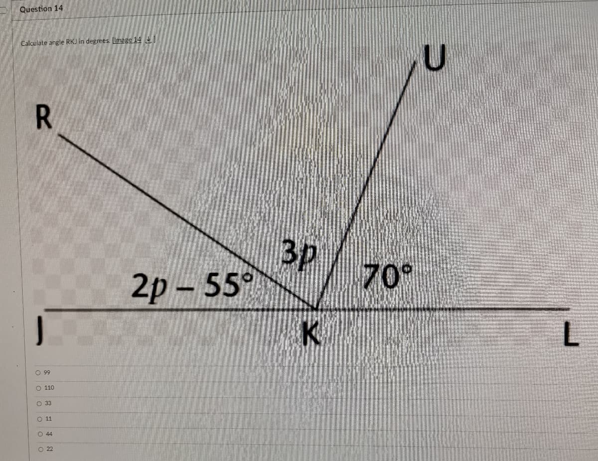 Question 14
Calculate angle RKJ in degrees. Image 14
3p
2p - 55°
70°
O 99
O 110
O 33
O 11
O 4
O 2
olooo oo
