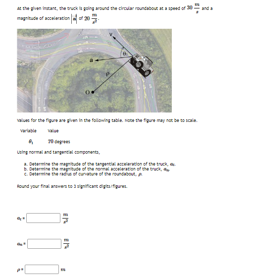 At the given instant, the truck is going around the circular roundabout at a speed of 30
기회 of 20
magnitude of acceleration
FAC
values for the figure are given in the following table. Note the figure may not be to scale.
value
0₁
70 degrees
Using normal and tangential components,
Variable
a. Determine the magnitude of the tangential acceleration of the truck, a.
b. Determine the magnitude of the normal acceleration of the truck, a
c. Determine the radius of curvature of the roundabout, p.
Round your final answers to 3 significant digits/figures.
a=
an
p=
M72
m
7172
E
MIL
and a