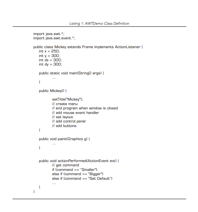 Listing 1: AWTDemo Class Definition
import java.awt.*;
import java.awt.event.*;
public class Mickey extends Frame implements ActionListener {
int x = 250;
int y = 300;
int dx = 300;
int dy = 300;
public static void main(Stringll args) {
public Mickey0 {
setTitle("Mickey");
Il create menu
Il end program when window is closed
Il add mouse event handler
Il set layout
Il add control panel
Il add buttons
}
public void paint(Graphics g) {
public void actionPerformed(ActionEvent evt) {
Il get command
if (command == "Smaller")
else if (command == "Bigger")
else if (command == "Set Default")
