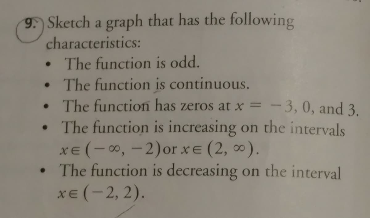 9. Sketch a graph that has the following
characteristics:
The function is odd.
The function is continuous.
The function has zeros at x =
- 3, 0, and 3.
The function is increasing on the intervals
xe (-0, -2)or xE (2, 0).
• The function is decreasing on the interval
xE (-2, 2).
