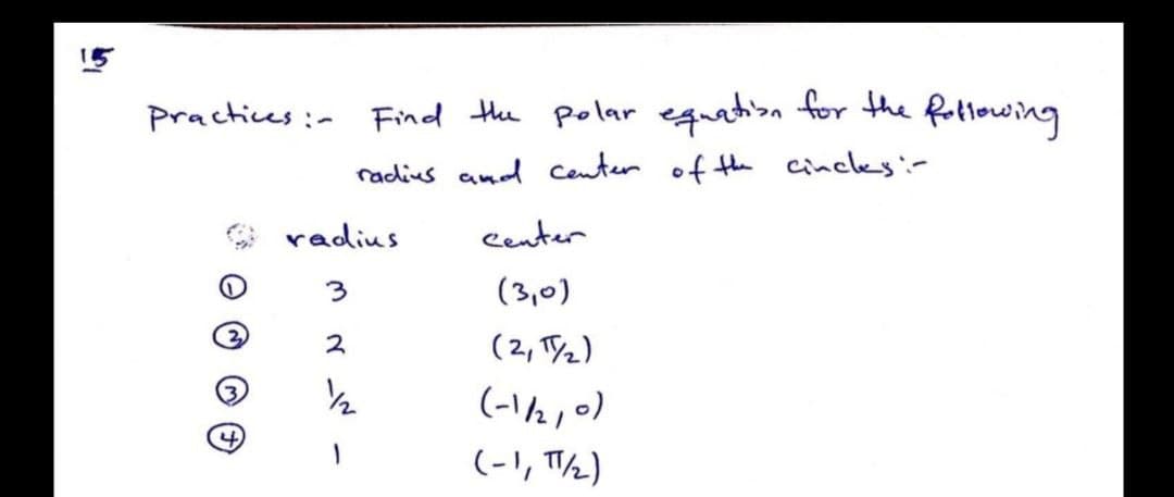 practicesir Find the polar eq for the fotlowing
:-
radius and Center of the cincles:-
radius
Center
3
(3,0)
(2, T2)
(-14,0)
(-1, T/2)
