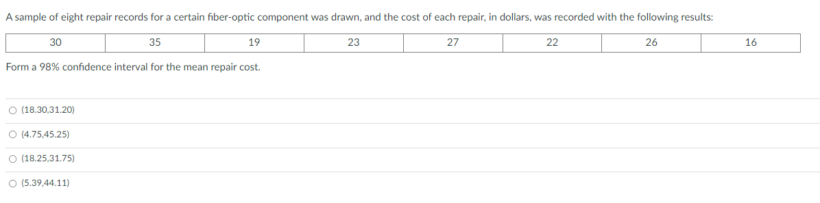 A sample of eight repair records for a certain fiber-optic component was drawn, and the cost of each repair, in dollars, was recorded with the following results:
30
35
19
23
27
22
26
16
Form a 98% confidence interval for the mean repair cost.
O (18.30,31.20)
O (4.75,45.25)
O (18.25,31.75)
O (5.39,44.11)
