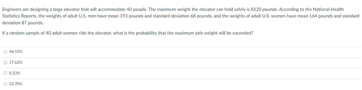 Engineers are designing a large elevator that will accommodate 40 people. The maximum weight the elevator can hold safely is 8120 pounds. According to the National Health
Statistics Reports, the weights of adult U.S. men have mean 193 pounds and standard deviation 68 pounds, and the weights of adult U.S. women have mean 164 pounds and standard
deviation 87 pounds.
If a random sample of 40 adult women ride the elevator, what is the probability that the maximum safe weight will be exceeded?
O 44.15%
O 17.62%
O 0.23%
O 32.70%
