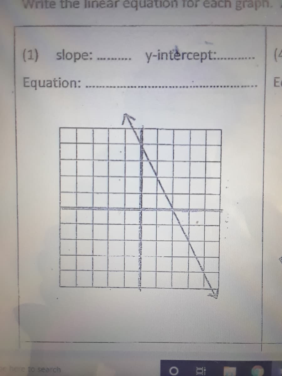 Write the Iinear équation for each graph.
(1) slope:
y-intercept:.
Equation:
Ea
e here to search
