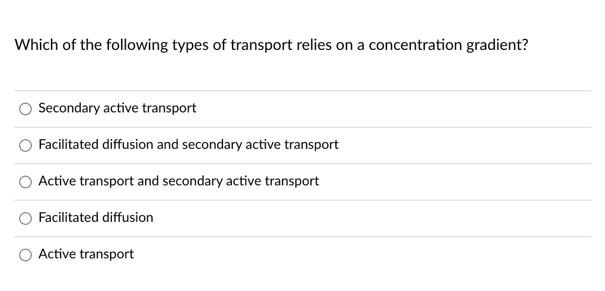 Which of the following types of transport relies on a concentration gradient?
Secondary active transport
Facilitated diffusion and secondary active transport
Active transport and secondary active transport
Facilitated diffusion
Active transport
