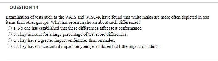 QUESTION 14
Examination of tests such as the WAIS and WISC-R have found that white males are more often depicted in test
items than other groups. What has research shown about such differences?
a. No one has established that these differences affect test performance.
b. They account for a large percentage of test score differences.
O. They have a greater impact on females than on males.
d. They have a substantial impact on younger children but little impact on adults.
