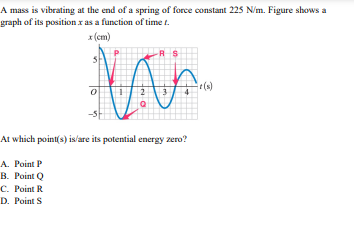 A mass is vibrating at the end of a spring of force constant 225 N/m. Figure shows a
graph of its position x as a function of time t.
x (cm)
RS
2
-5
At which point(s) is/are its potential energy zero?
A. Point P
B. Point Q
C. Point R
D. Point S
