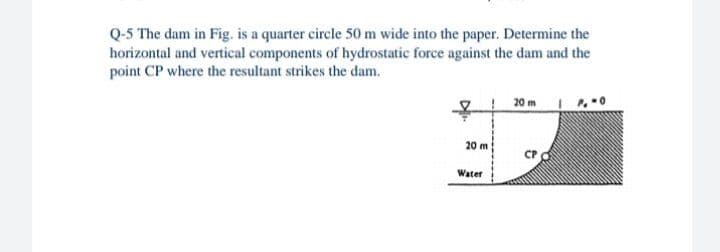 Q-5 The dam in Fig. is a quarter circle 50 m wide into the paper. Determine the
horizontal and vertical components of hydrostatic force against the dam and the
point CP where the resultant strikes the dam.
! 20 m .
20 m
Water
