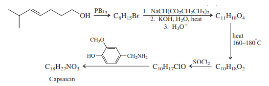 1. NACH(CO,CH,CH3)2
2. КОН, Н-О, heat
3. H30*
PBr
C3H15B1
Но
heat
CH;0
| 160–180°C
Но
-CH;NH2
SOCI,
C13H2,NO3
C1,H1¬C1O
C10H1802
Capsaicin
