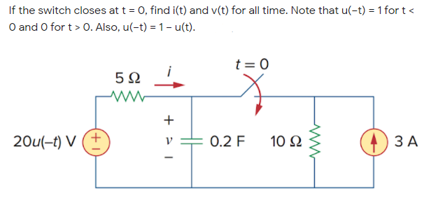 If the switch closes at t = 0, find i(t) and v(t) for all time. Note that u(-t) = 1 for t <
O and O for t> 0. Also, u(-t) = 1– u(t).
t = 0
5Ω
+
20u(-t) V
0.2 F
10 Ω
ЗА
