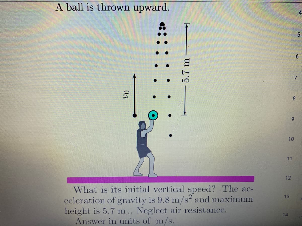 A ball is thrown upward.
4
6.
8
6.
10
11
12
What is its initial vertical speed? The ac-
celeration of gravity is 9.8 m/s² and maximum
height is 5.7 m ,. Neglect air resistance.
Answer in units of m/s.
13
14
5.7 m
