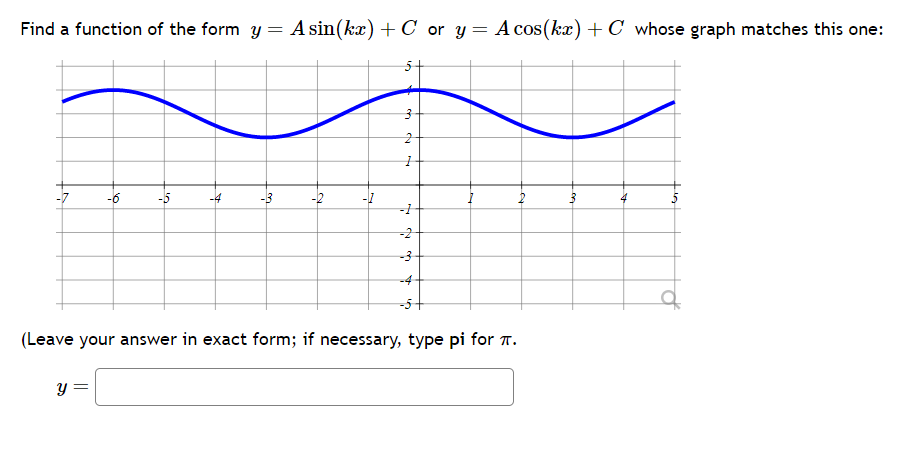 Find a function of the form y
=
A sin(kx) + C or y:
=
y =
7
-6
-5
-4
-3
-2
-1
3
2
1
-1
-2
-3
1
A cos(kx) + C whose graph matches this one:
2
(Leave your answer in exact form; if necessary, type pi for .
3