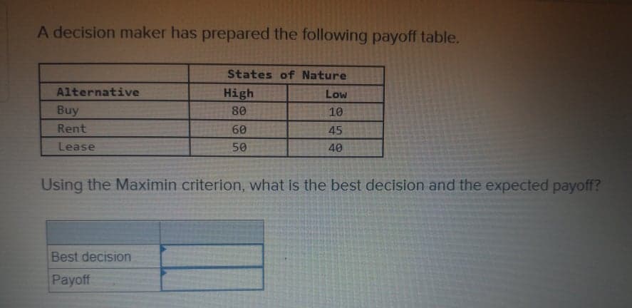 A decision maker has prepared the following payoff table.
States of Nature
Alternative
High
Low
Buy
80
10
Rent
60
45
Lease
50
40
Using the Maximin criterion, what is the best decision and the expected payoff?
Best decision
Payoff
