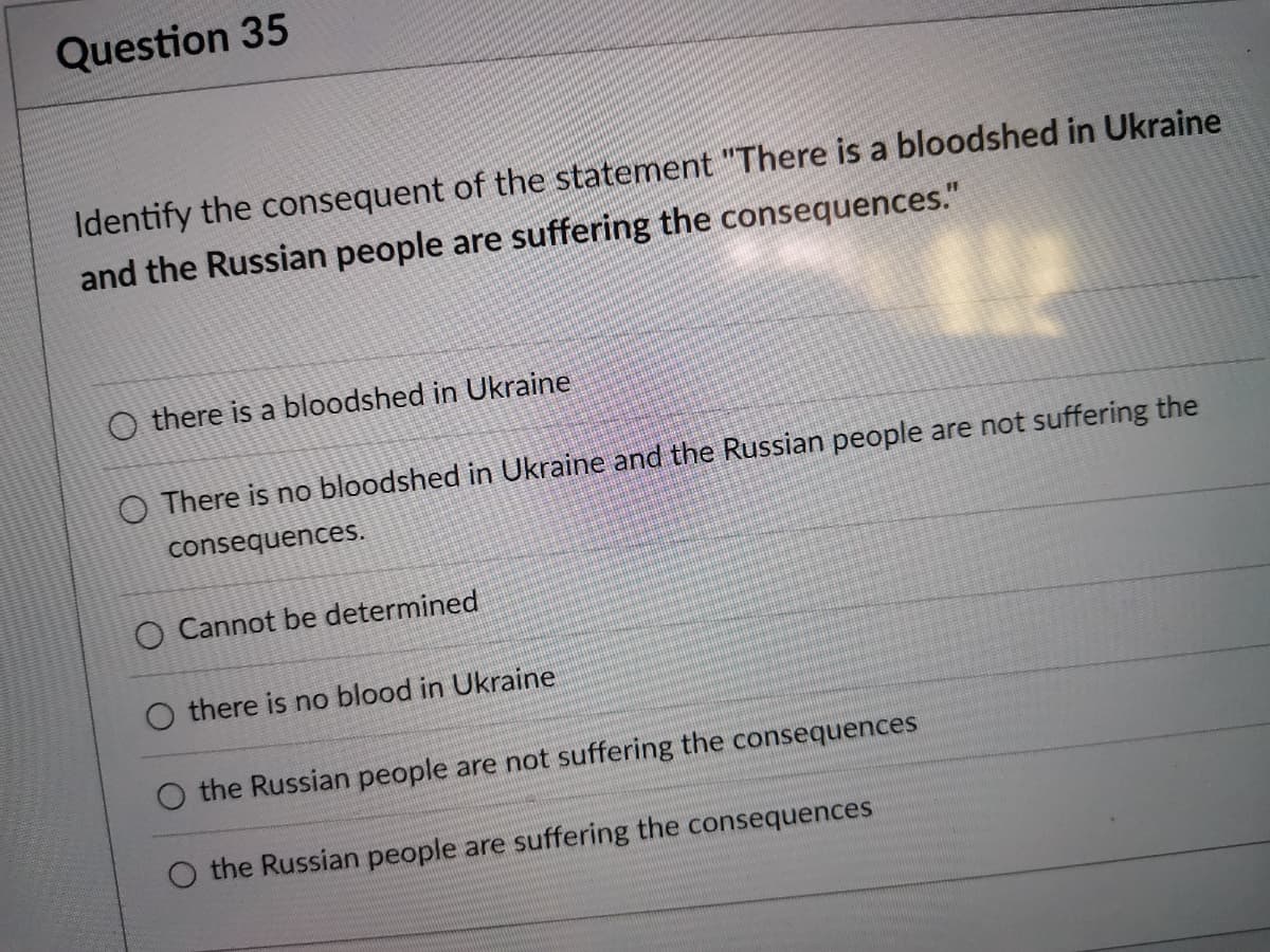 Question 35
Identify the consequent of the statement "There is a bloodshed in Ukraine
and the Russian people are suffering the consequences."
O there is a bloodshed in Ukraine
O There is no bloodshed in Ukraine and the Russian people are not suffering the
consequences.
O Cannot be determined
O there is no blood in Ukraine
the Russian people are not suffering the consequences
O the Russian people are suffering the consequences
