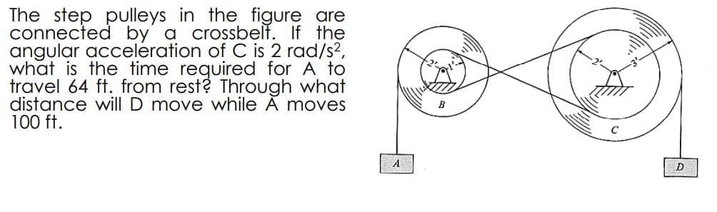 The step pulleys in the figure are
connected by a crossbelf. If the
angular acceleration of C is 2 rad/s²,
what is the time required for A to
travel 64 ft. from rest? Through what
distance will D move while A moves
100 ft.
A
B
D