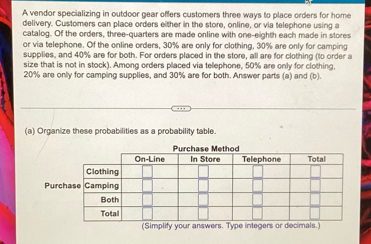 A vendor specializing in outdoor gear offers customers three ways to place orders for home
delivery. Customers can place orders either in the store, online, or via telephone using a
catalog. Of the orders, three-quarters are made online with one-eighth each made in stores
or via telephone. Of the online orders, 30% are only for clothing, 30% are only for camping
supplies, and 40% are for both. For orders placed in the store, all are for clothing (to order a
size that is not in stock). Among orders placed via telephone, 50% are only for clothing,
20% are only for camping supplies, and 30% are for both. Answer parts (a) and (b).
...
(a) Organize these probabilities as a probability table.
Purchase Method
On-Line
In Store
Telephone
Total
Clothing
Purchase Camping
Both
Total
(Simplify your answers. Type integers or decimals.)
