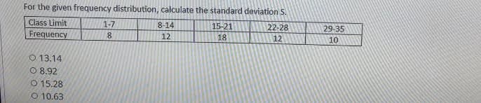 For the given frequency distribution, calculate the standard deviation S.
Class Limit
1-7
8-14
15-21
22-28
29-35
Frequency
8
12
18
12
10
O 13.14
O 8.92
O 15.28
O 10.63
